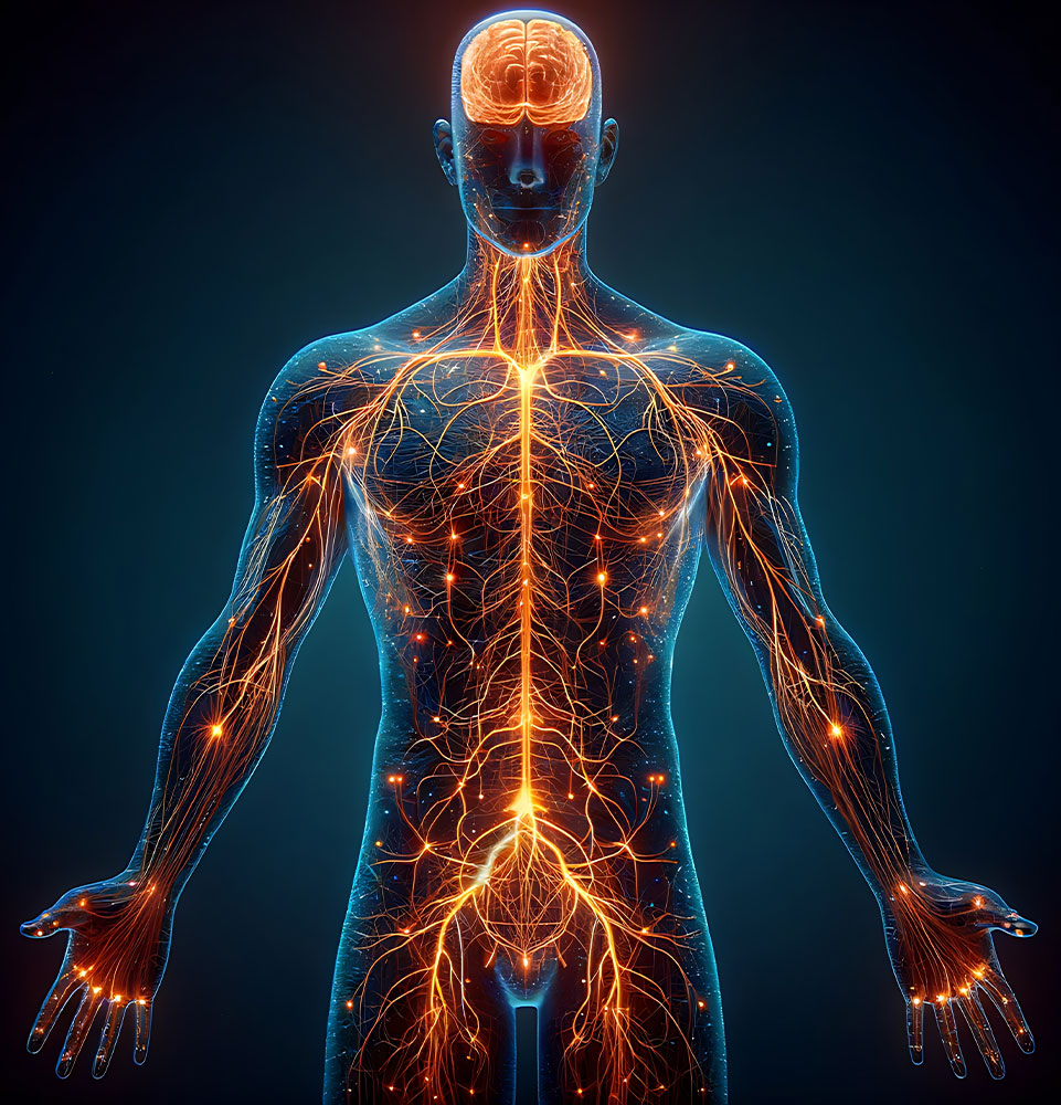 Medical technology concept. Electronic medical record. Holographic with the shape of a human body equipped with a nervous system